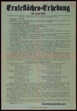 "Ernteflächen-Erhebung im Juni 1917", folgt: Meldepflichtiger Anbau, Abgabeordnung für die Erhebungsbögen