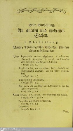 Erste Eintheilung. An antiken und modernen Sachen