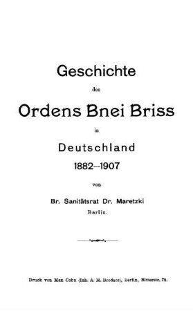Geschichte des Ordens Bnei Briss in Deutschland 1892 - 1907