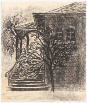 Wohnhauseingang mit Baum: Perspektivische Seitenansicht Haus romanischen Stils mit Treppe und Vordach links, halb verdeckt durch kleineren Baum