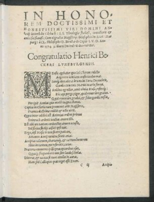 In Honorem Doctissimi Et Honestissimi Viri Domini Antonii Steinrücke ... Congratulatio Henrici Beckers Luneburgensis.