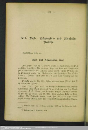 XII. Post-, Telegraphen- und Eisenbahn-Verkehr