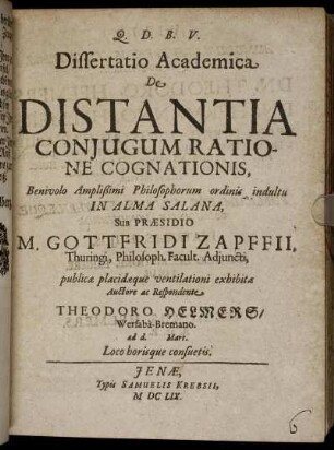 Dissertatio Academica De Distantia Coniugum Ratione Cognationis