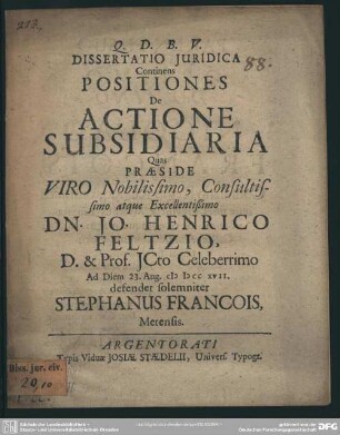 Dissertatio Iuridica Continens Positiones De Actione Subsidiaria