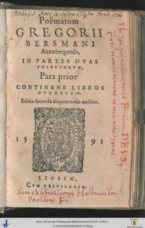 Pars prior: Poematum Gregorii Bersmani Annaebergensis in partes duas tributorum pars ...
