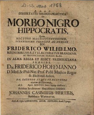 Dissertatio Medico-Practica De Morbo Nigro Hippocratis