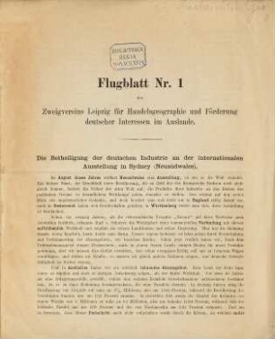 Flugblatt des Zweigvereins Leipzig für Handelsgeographie und Förderung Deutscher Interessen im Auslande. 1. 1879