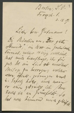 Gutmann, Albert (1851-1915) Nachlass: Brief von Heinrich Hofmann an Albert Gutmann - BSB Gutmanniana I. Hofmann, Heinrich