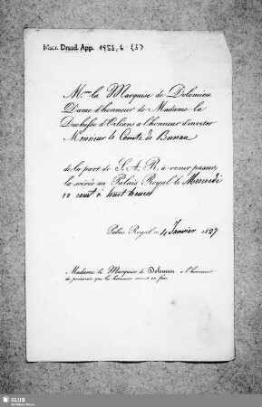 Nr. 3: Von Marquise de Dolomieu - dat. Paris, 04.01.1827.