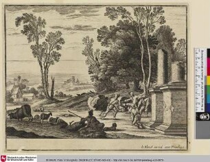 [Landschaft mit Hirten die neben einer Ruine spielen]