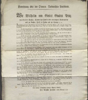 Verordnung Prinz Wilhelms von Oranien über den oranien-nassauischen Landsturm (Druck), 1. Februar 1814