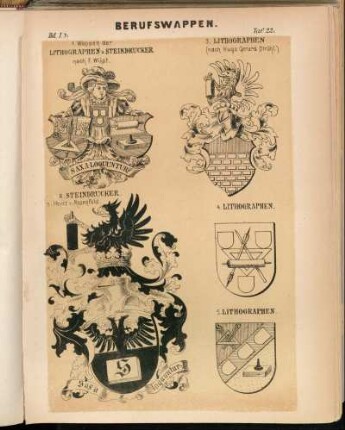 Taf. 22. - 1. Wappen der Lithographen u. Steindrucker (nach Hugo Gerard Ströhl). - 2. Steindrucker. n. Heyer v. Rosenfeld. - 3. Lithographen (nach Hugo Gerard Ströhl). - 4. Lithographen. - 5. Lithgraphen.