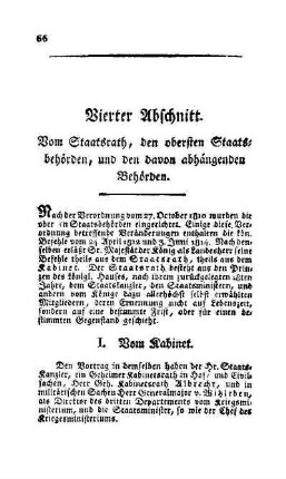 Vierter Abschnitt. Vom Staatsrath, den obersten Staatsbehörden, und den davon abhängenden Behörden
