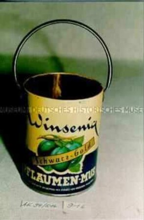 Blecheimer mit Henkel für "Winsenia Schwarz-Gold PFLAUMEN-MUS"