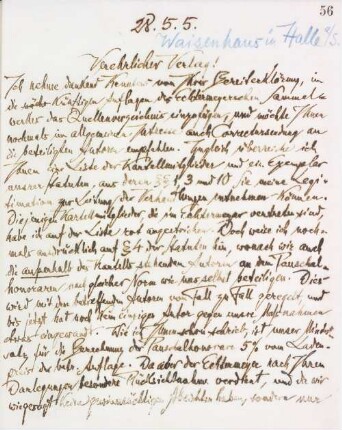 Brief an die Buchhandlung des Waisenhauses Halle a.d.S.