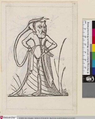 Rabelais, Les Songes Drolatiques de Pantagruel, XXXV [Karikatur eines mit einem Kleid bekleideten Mannes mit trichterförmiger Kopfbedeckung]