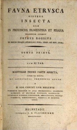 Favna Etrvsca Sistens Insecta, Qvae In Provinciis Florentina Et Pisana Praesertim Collegit Petrus Rossius : Cvm XI Tab., 1