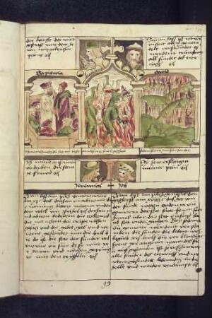 (1) Antitypus: Teufel führen Verdammte ins Fegefeuer, darunter ein Papst; Typen: (2) Datan und Abiram fordern zum Ungehorsam auf; (3) Die brennenden Städte Sodom und Gomorra; (4) Propheten-Brustbilder