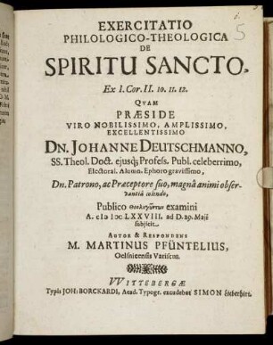 Exercitatio Philologico-Theologica De Spiritu Sancto, Ex 1. Cor. II. 10. 11. 12.