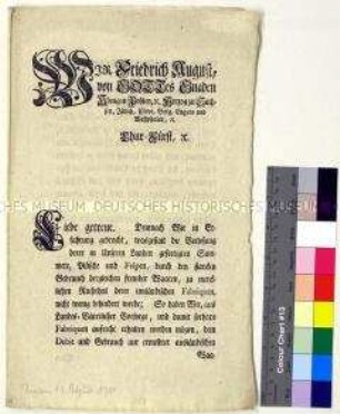 Mandat von Friedrich August II. Kurfürst von Sachsen betreffend das Verbot des Kaufs nicht einheimischer Stoffe