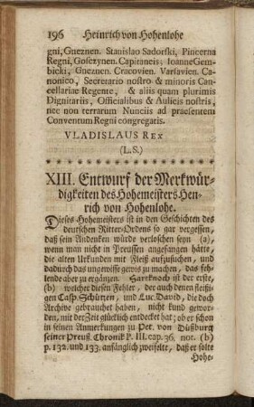 XIII. Entwurf der Merkwürdigkeiten des Hohemeisters Henrich von Hohenlohe.