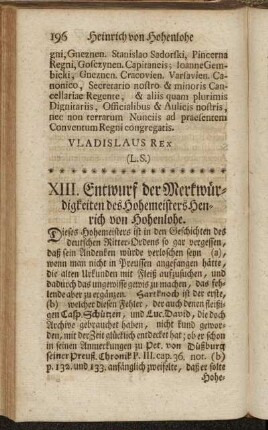 XIII. Entwurf der Merkwürdigkeiten des Hohemeisters Henrich von Hohenlohe.