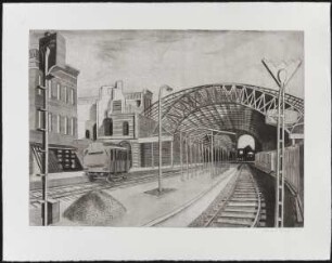 Radierung des Künstlers Erhard Groß, Titel: Görlitzer Bahnhof 1946, Ed. 4/30, 1989