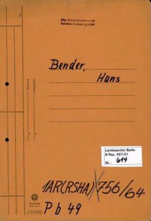 Personenheft Hans Bender (*25.10.1906), SS-Untersturmführer