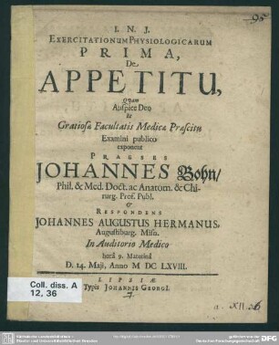 1: Exercitationum Physiologicarum ... De Appetitu
