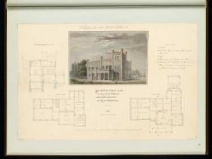 Dorfschmiede mit Gastwirtschaft Monatskonkurrenz November 1851: Grundriss Erdgeschoss, 1. Obergeschoss; Querschnitt; perspektivische Ansicht; Maßstabsleiste