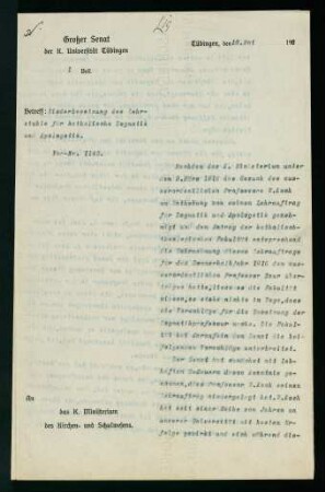 Betrifft Wiederbesetzung des Lehrstuhls für katholische Dogmatik und Apologetik