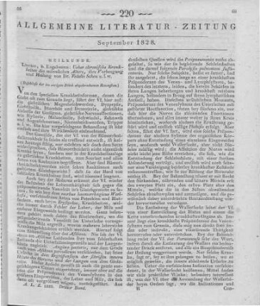 Scheu, F.: Ueber die chronischen Krankheiten des männlichen Alters, ihre Vorbeugung und Heilung. Leipzig: Engelmann 1826 (Beschluss der im vorigen Stück abgebrochenen Recension)