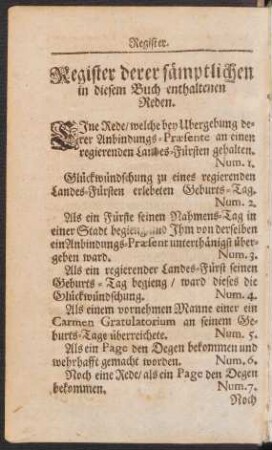 Register derer sämptlichen in diesem Buch enthaltenen Reden.