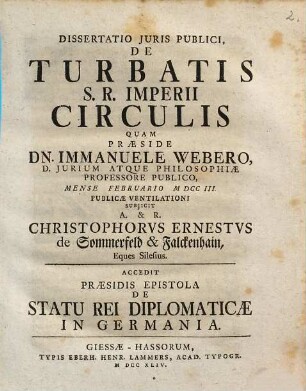 Dissertatio Juris Publici De Turbatis S. R. Imperii Circulis