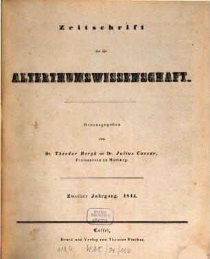 Zeitschrift für die Alterthumswissenschaft. 2, 2. 1844
