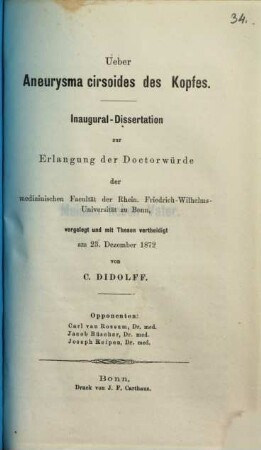Ueber Aneurysma cirsoides des Kopfes : Inaugural-Dissertation