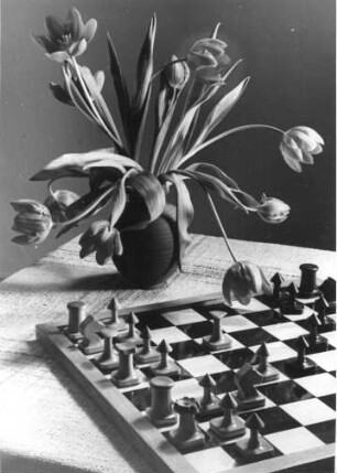 Hamburg-Winterhude. Die Wohnung des Fotografen im Krohnskamp im Frühling. Diese wurde während der Bombenangriffe 1943 zerstört. Idylle-Frühlingsblumen und ein Schachspiel stehen auf dem Tisch.