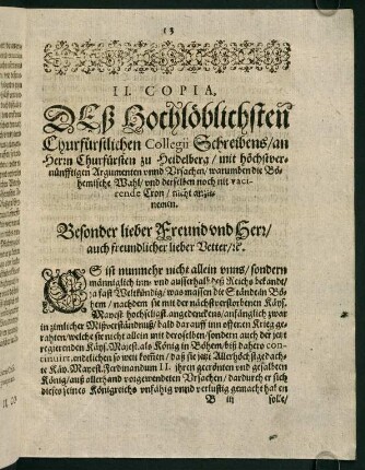 13-21, II. Copia deß Hochlöblichsten Churfürstlichen Collegii Schreiben...