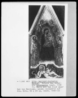 Die thronende Maria mit dem Kinde, umgeben von Heiligen; darunter eine Allegorie auf Eva