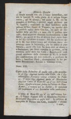 Num XII. Copia della Relazione di quelle cose, che accaddero al Sign. Appiani intorno alla Casa, che l' Eccellentissimo Patriarca voleva ...