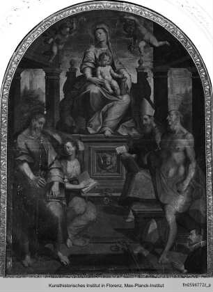 Thronende Madonna mit dem Kind, dem Heiligen Matthäus, dem Erzengel Michael, dem Heiligen Blasius, dem Heiligen Hieronymus und einem Stifter - Madonna del Rosario