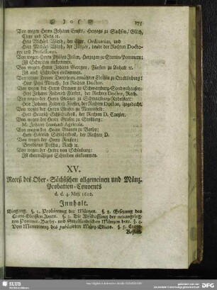 XV. Receß des Ober-Sächsischen allgemeinen und Münz-Probation-Convents d. d. 4. Maii 1612