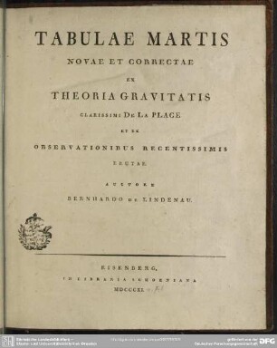 Tabulae Martis novae et correctae ex theoria gravitatis de la Place et ex observationibus recentissimis erutae