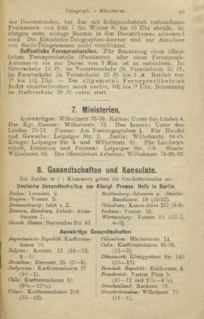 7. Ministerien ; 8. Gesandtschaften und Konsulate