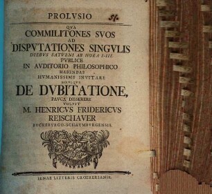 Prolusio qua ... de dubitatione pauca disserit