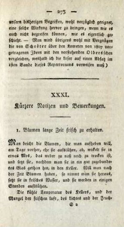 XXXI. Kürzere Notizen und Bemerkungen