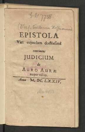 Epistola Viri cuiusdam doctissimi continens Iudicium de Auro Aurae nuper editio