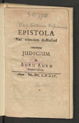 Epistola Viri cuiusdam doctissimi continens Iudicium de Auro Aurae nuper editio
