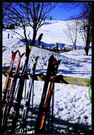 Feldberg: vom Eingang des Hotels auf Feldberg, Vordergrund abgestellte Skier