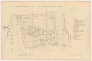 Gartenanlagen und Gärten Wohngebiet Burgfeld, Neviges: Garten Dr. Sondhauss, Pestalozzistr. 10: Grundriss mit Bepflanzungsplan, Schnitte 1:100